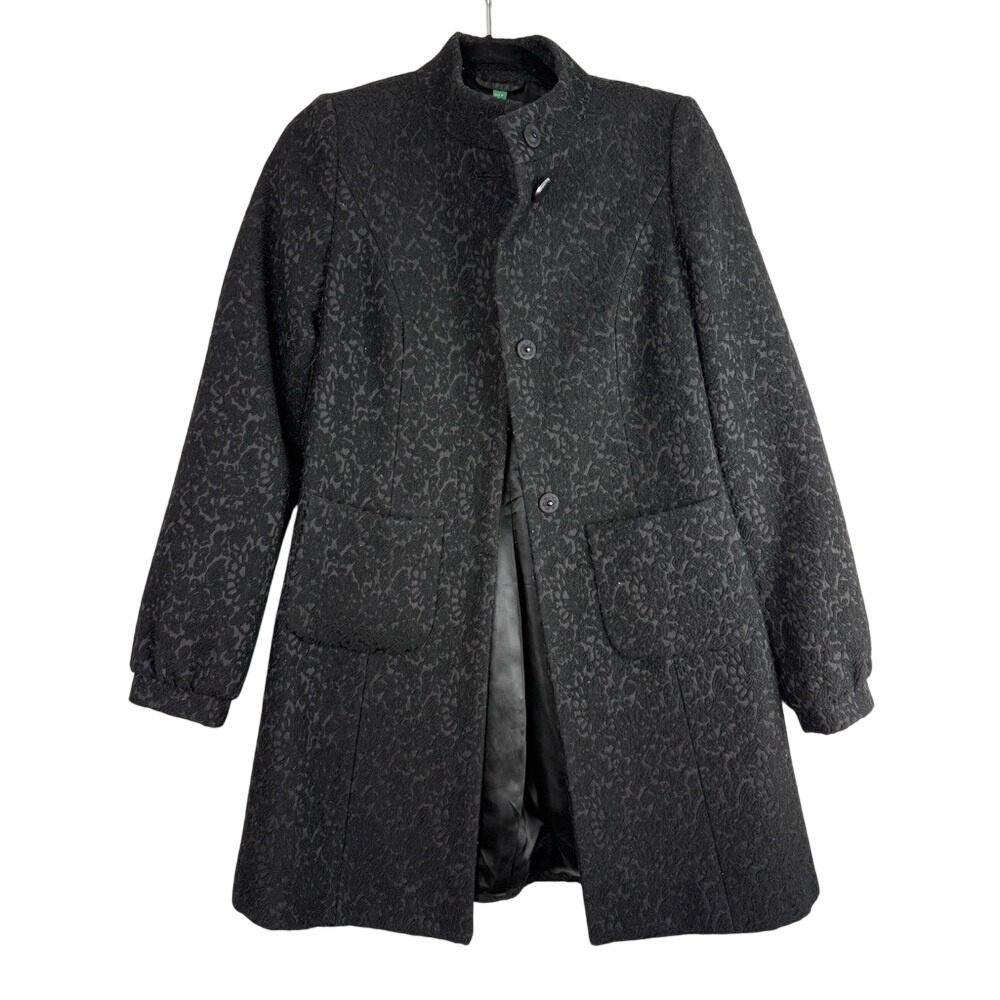 United Colors Of Benetton Black Floral Lace 3d Texture Overcoat Made In Italy S